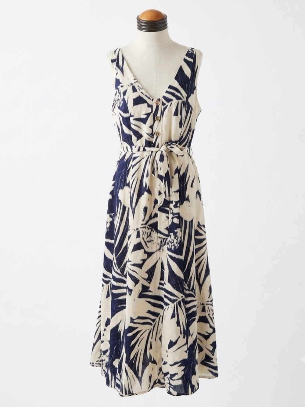 DKNY Navy and Cream Tropical Print Maxi Dress